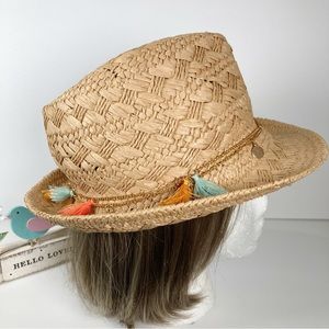 Straw Fedora Double Gold Chain Band Charms Tassels NWOT